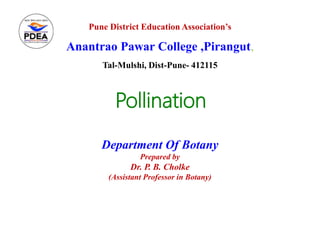 Pollination
Department Of Botany
Prepared by
Dr. P. B. Cholke
(Assistant Professor in Botany)
Pune District Education Association’s
Anantrao Pawar College ,Pirangut,
Tal-Mulshi, Dist-Pune- 412115
 