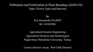 Pollination and Fertilization in Plant Breeding (AGE6110)
Topic: Flower Types and Structure
By
Eric Kuopuobe NAAWE
ID: 181925901
Agricultural Genetic Engineering
Agricultural Sciences and Technologies
Nigde Omer Halisdemir University; Turkey
Course Advisor: Assoc. Prof Ufuk Demirel
 