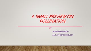 A SMALL PREVIEW ON
POLLINATION
BY
M.NAGAPRADHEESH
M.SC., IN BIOTECHNOLOGY
 