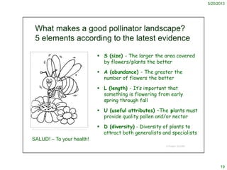 5/20/2013
19
What makes a good pollinator landscape?
5 elements according to the latest evidence
 S (size) - The larger t...
