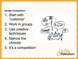 Design Competition

1. Start with
   ‘customer’
2. Work in groups
3. Use creative
   techniques
4. Narrow the
   choices
5. It’s a competition!
 
