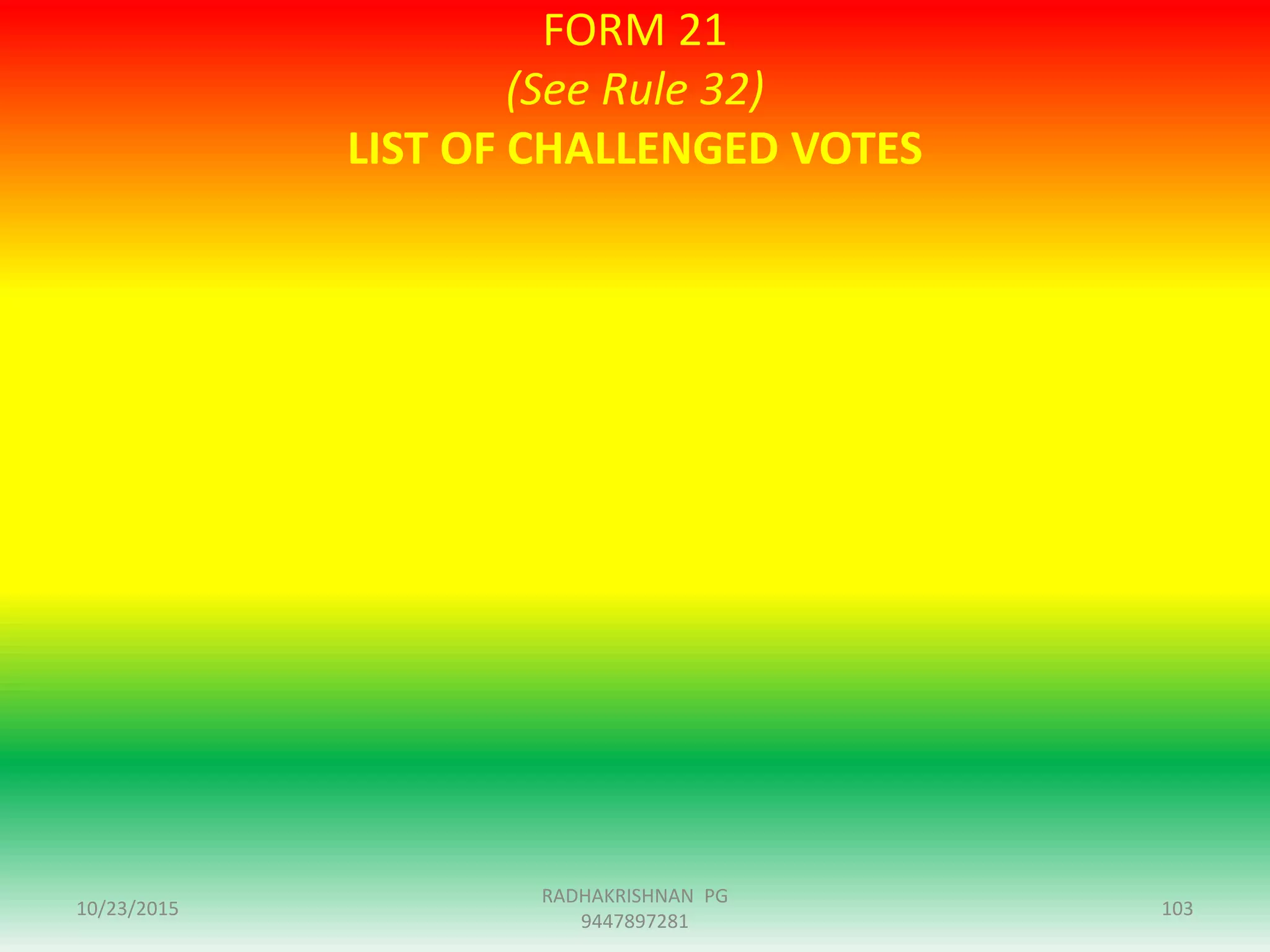 FORM 21
(See Rule 32)
LIST OF CHALLENGED VOTES
10/23/2015 103
RADHAKRISHNAN PG
9447897281
 