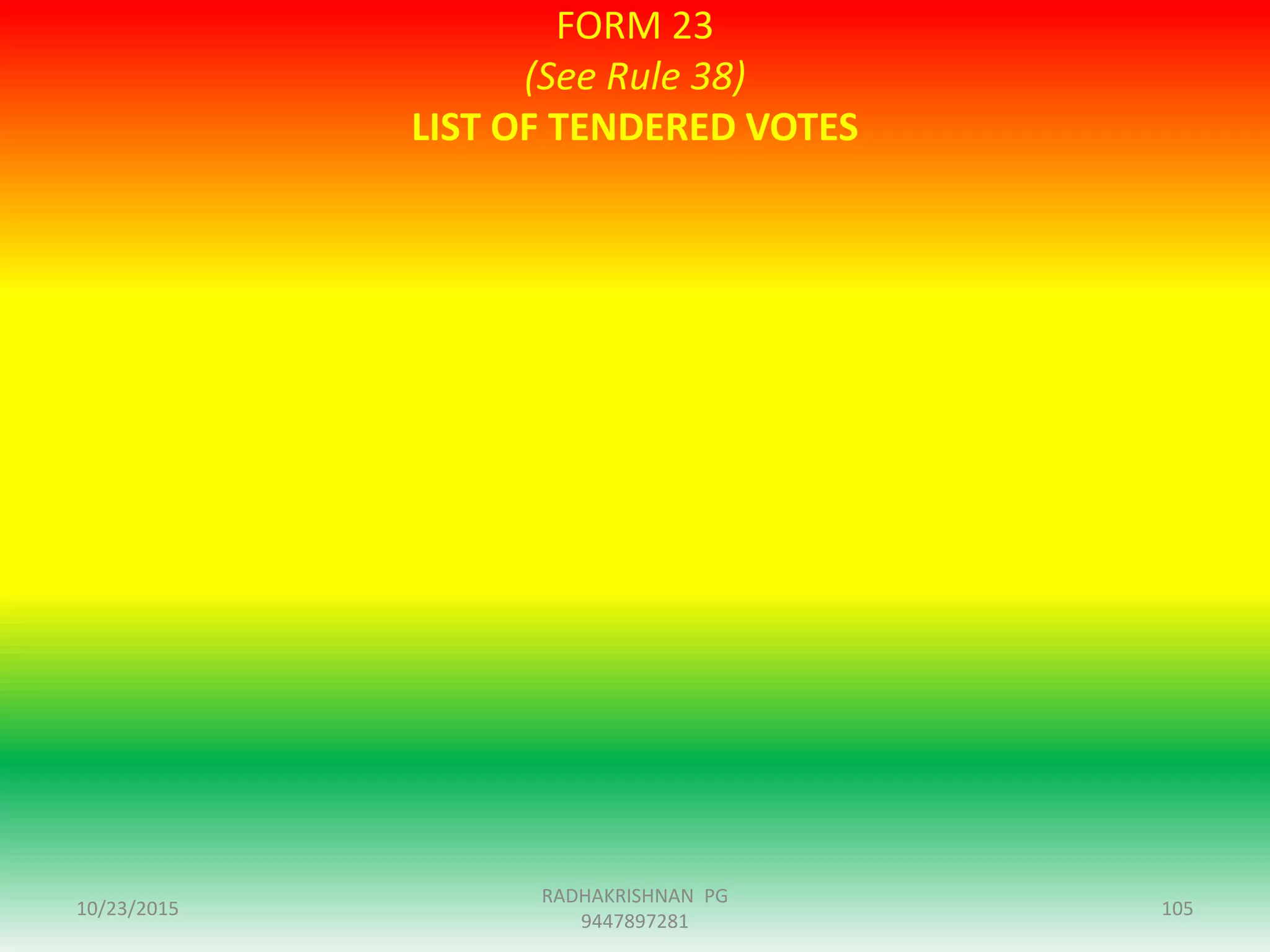FORM 23
(See Rule 38)
LIST OF TENDERED VOTES
10/23/2015 105
RADHAKRISHNAN PG
9447897281
 