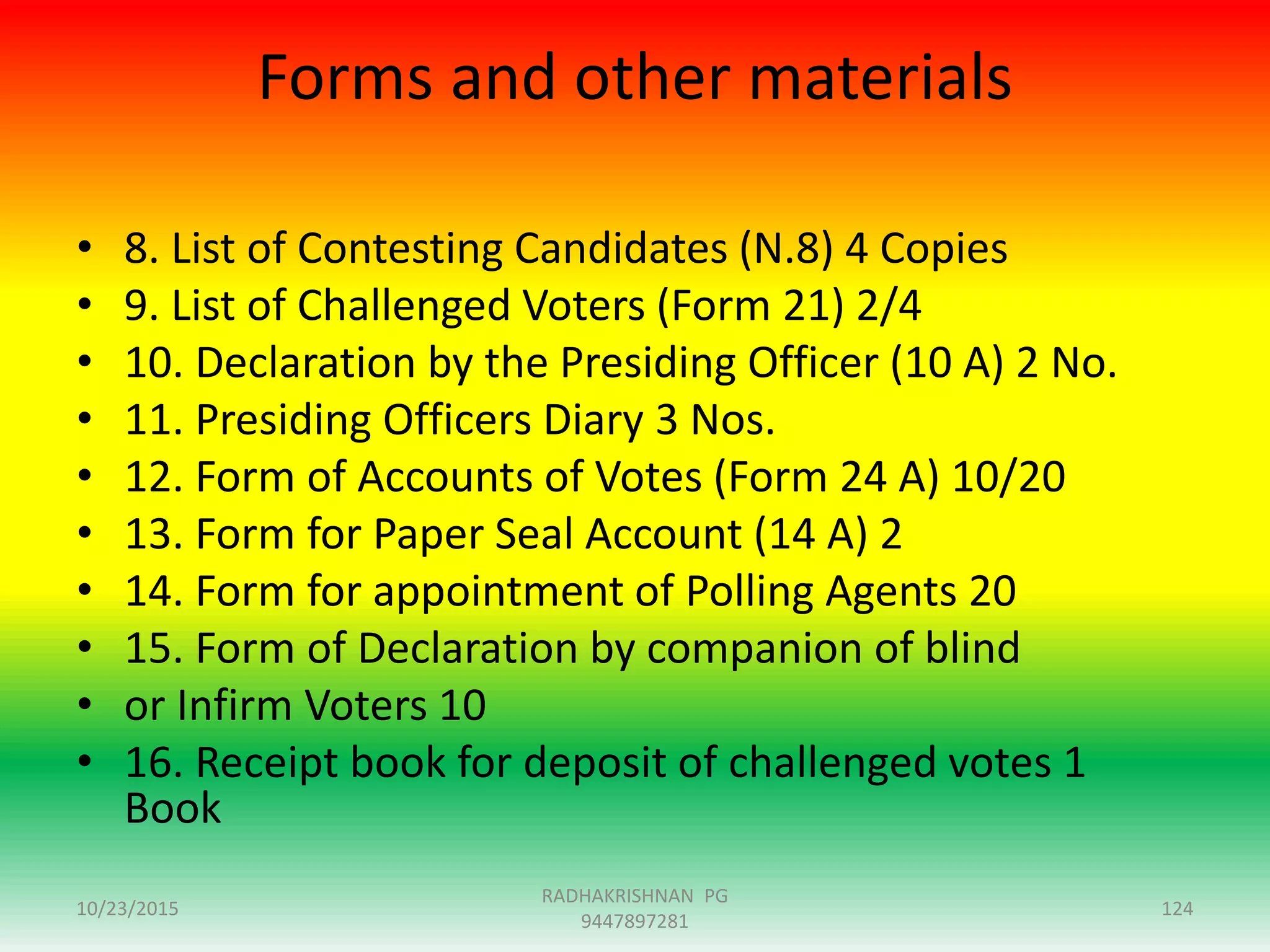 Forms and other materials
• 8. List of Contesting Candidates (N.8) 4 Copies
• 9. List of Challenged Voters (Form 21) 2/4
• 10. Declaration by the Presiding Officer (10 A) 2 No.
• 11. Presiding Officers Diary 3 Nos.
• 12. Form of Accounts of Votes (Form 24 A) 10/20
• 13. Form for Paper Seal Account (14 A) 2
• 14. Form for appointment of Polling Agents 20
• 15. Form of Declaration by companion of blind
• or Infirm Voters 10
• 16. Receipt book for deposit of challenged votes 1
Book
10/23/2015 124
RADHAKRISHNAN PG
9447897281
 
