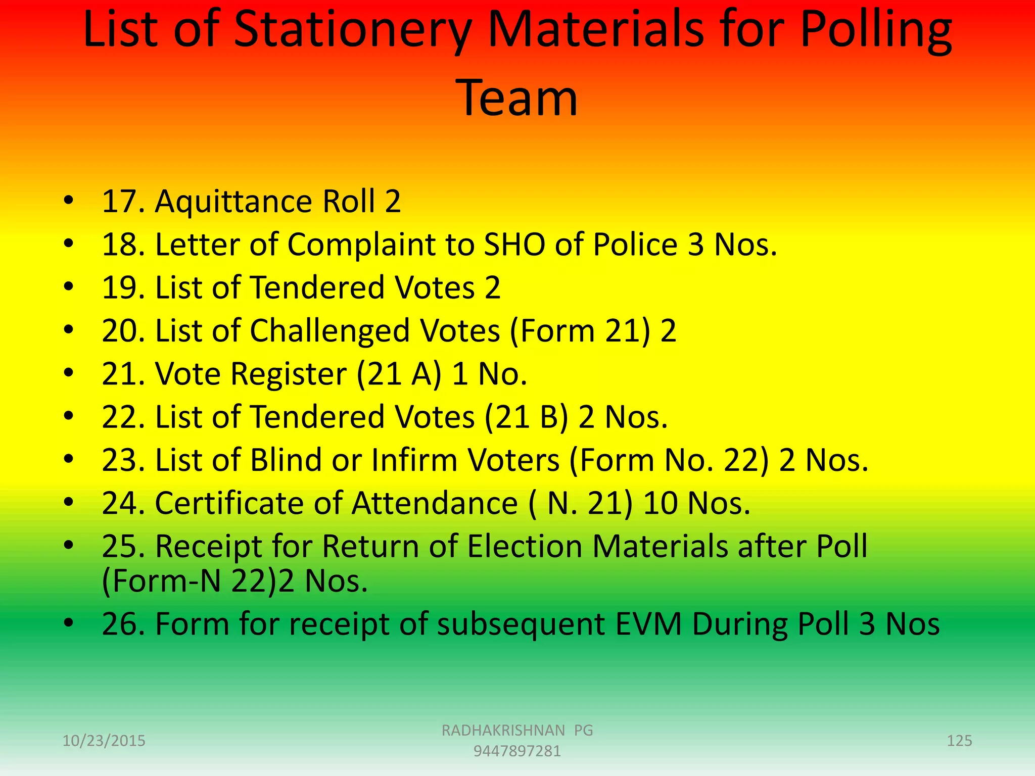 List of Stationery Materials for Polling
Team
• 17. Aquittance Roll 2
• 18. Letter of Complaint to SHO of Police 3 Nos.
• 19. List of Tendered Votes 2
• 20. List of Challenged Votes (Form 21) 2
• 21. Vote Register (21 A) 1 No.
• 22. List of Tendered Votes (21 B) 2 Nos.
• 23. List of Blind or Infirm Voters (Form No. 22) 2 Nos.
• 24. Certificate of Attendance ( N. 21) 10 Nos.
• 25. Receipt for Return of Election Materials after Poll
(Form-N 22)2 Nos.
• 26. Form for receipt of subsequent EVM During Poll 3 Nos
10/23/2015 125
RADHAKRISHNAN PG
9447897281
 