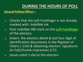 DURING THE HOURS OF POLL
Second Polling Officer –
1. Checks that the Left Forefinger is not already
marked with Indelible ...