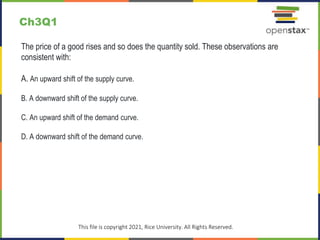 Ch3Q1
The price of a good rises and so does the quantity sold. These observations are
consistent with:
A. An upward shift of the supply curve.
B. A downward shift of the supply curve.
C. An upward shift of the demand curve.
D. A downward shift of the demand curve.
This file is copyright 2021, Rice University. All Rights Reserved.
 