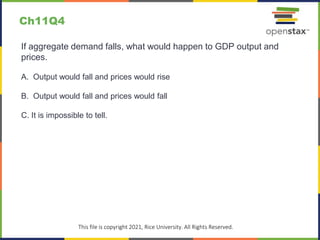 c
This file is copyright 2021, Rice University. All Rights Reserved.
If aggregate demand falls, what would happen to GDP output and
prices.
A. Output would fall and prices would rise
B. Output would fall and prices would fall
C. It is impossible to tell.
Ch11Q4
 