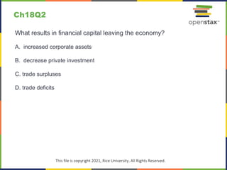 c
This file is copyright 2021, Rice University. All Rights Reserved.
What results in financial capital leaving the economy?
A. increased corporate assets
B. decrease private investment
C. trade surpluses
D. trade deficits
Ch18Q2
 