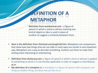Definition from wordcentral.com : a figure of
                    speech in which a word or phrase meaning one
                    kind of object or idea is used in place of
                    another to suggest a similarity between them.


• Here is the definition from rhlschool.com/eng3n26.htm: Metaphors are comparisons
  that show how two things that are not alike in most ways are similar in one important
  way. Metaphors are a way to describe something. Authors use them to make their
  writing more interesting or entertaining.

• Definition from dictionary.com :a figure of speech in which a term or phrase is applied
  to something to which it is not literally applicable in order to suggest a resemblance,
  as in
• My definition of a metaphor is: A metaphor is a figure of speech with compares one
  thing to another thing, but does not use like or as
 