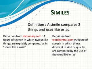 SIMILES
                    Definition : A simile compares 2
                    things and uses like or as.
Definition from dictionary.com : A      Definition from
figure of speech in which two unlike    wordcentral.com :A figure of
things are explicitly compared, as in   speech in which things
“she is like a rose”                    different in kind or quality
                                        are compared by the use of
                                        the word like or as
 