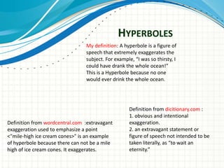 HYPERBOLES
                                My definition: A hyperbole is a figure of
                                speech that extremely exaggerates the
                                subject. For example, “I was so thirsty, I
                                could have drank the whole ocean!”
                                This is a Hyperbole because no one
                                would ever drink the whole ocean.




                                                    Definition from dicitionary.com :
                                                    1. obvious and intentional
Definition from wordcentral.com :extravagant        exaggeration.
exaggeration used to emphasize a point              2. an extravagant statement or
<"mile-high ice cream cones>" is an example         figure of speech not intended to be
of hyperbole because there can not be a mile        taken literally, as “to wait an
high of ice cream cones. It exaggerates.            eternity.”
 
