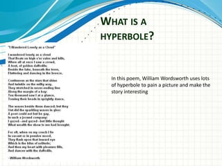 WHAT IS A
HYPERBOLE?



  In this poem, William Wordsworth uses lots
  of hyperbole to pain a picture and make the
  story interesting
 