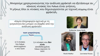 Harsh Mathur Lawrence Krauss
Katherine Jones-Smith
«Καμία πληροφορία σχετικά με τη
γνησιότητα δεν μπορεί να εξαχθεί από την
ανάλυση φράκταλ»
τεστ γνησιότητας
Taylor
2/3 πίνακες
του Pollock
π
α οτυγχάνου
!
ν στο τεστ
3/4 π π
ίνακες ου δεν
είναι
( π )
α οδεδειγμένα
Pollock περνούν το
!
τεστ
π π
Μ ορούμε χρησιμο οιώντας την ανάλυση φράκταλ να εξετάσουμε αν
π π
κά οιος ίνακας του Pollock ;
είναι γνήσιος
π π π
Ή μή ως όλοι οι ίνακες ου δημιουργούνται με τεχνική dripping είναι
;
φράκταλ
 