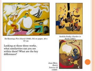 De Kooning:  Fire Island  (1946), Oil on paper, 48 x 67 cm Joan Miro:  Dutch Interior II  (1928)  Arshile Gorky:  Garden in Sochi  (1941) Looking at these three works, what similarities can you see within them? What are the key differences?  