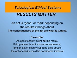 RESULTS MATTER.   An act is “good” or “bad” depending on  the results it brings about. The consequences of the act are what is judged. Example :  An act of charity might  not  be moral.  If drug abuse is an immoral consequence,  and an act of charity supports drug abuse, the act of charity could be considered immoral. Teleological Ethical Systems 