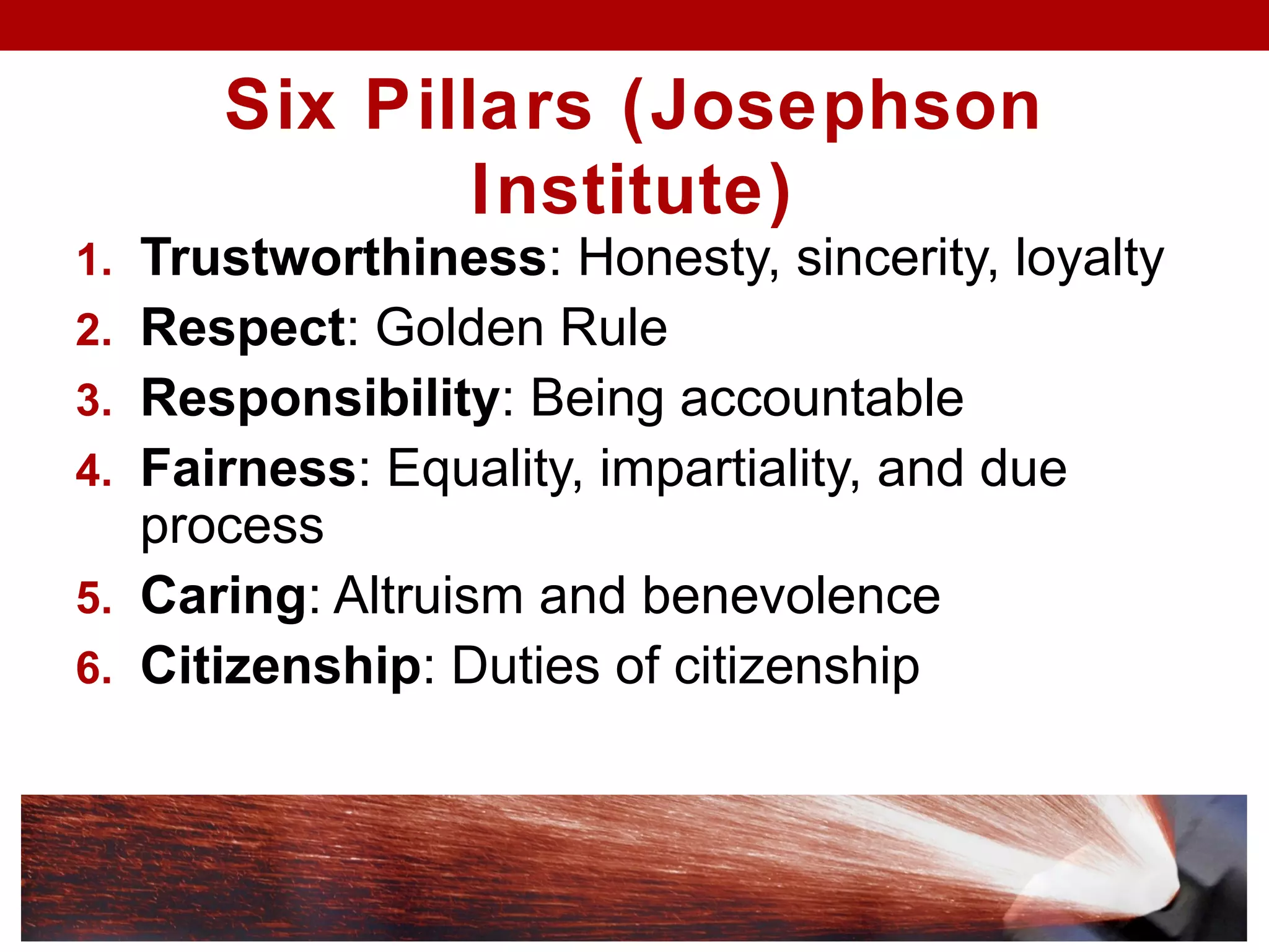 Six Pillars (Josephson
Institute)
1. Trustworthiness: Honesty, sincerity, loyalty
2. Respect: Golden Rule
3. Responsibility: Being accountable
4. Fairness: Equality, impartiality, and due
process
5. Caring: Altruism and benevolence
6. Citizenship: Duties of citizenship
 