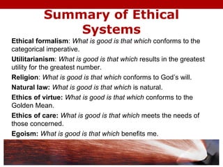 Summary of Ethical
Systems
Ethical formalism: What is good is that which conforms to the
categorical imperative.
Utilitarianism: What is good is that which results in the greatest
utility for the greatest number.
Religion: What is good is that which conforms to God’s will.
Natural law: What is good is that which is natural.
Ethics of virtue: What is good is that which conforms to the
Golden Mean.
Ethics of care: What is good is that which meets the needs of
those concerned.
Egoism: What is good is that which benefits me.
 