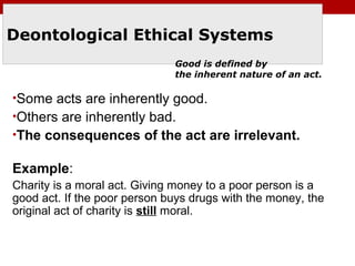 Deontological Ethical Systems
•Some acts are inherently good.
•Others are inherently bad.
•The consequences of the act are irrelevant.
Example:
Charity is a moral act. Giving money to a poor person is a
good act. If the poor person buys drugs with the money, the
original act of charity is still moral.
Good is defined by
the inherent nature of an act.
 