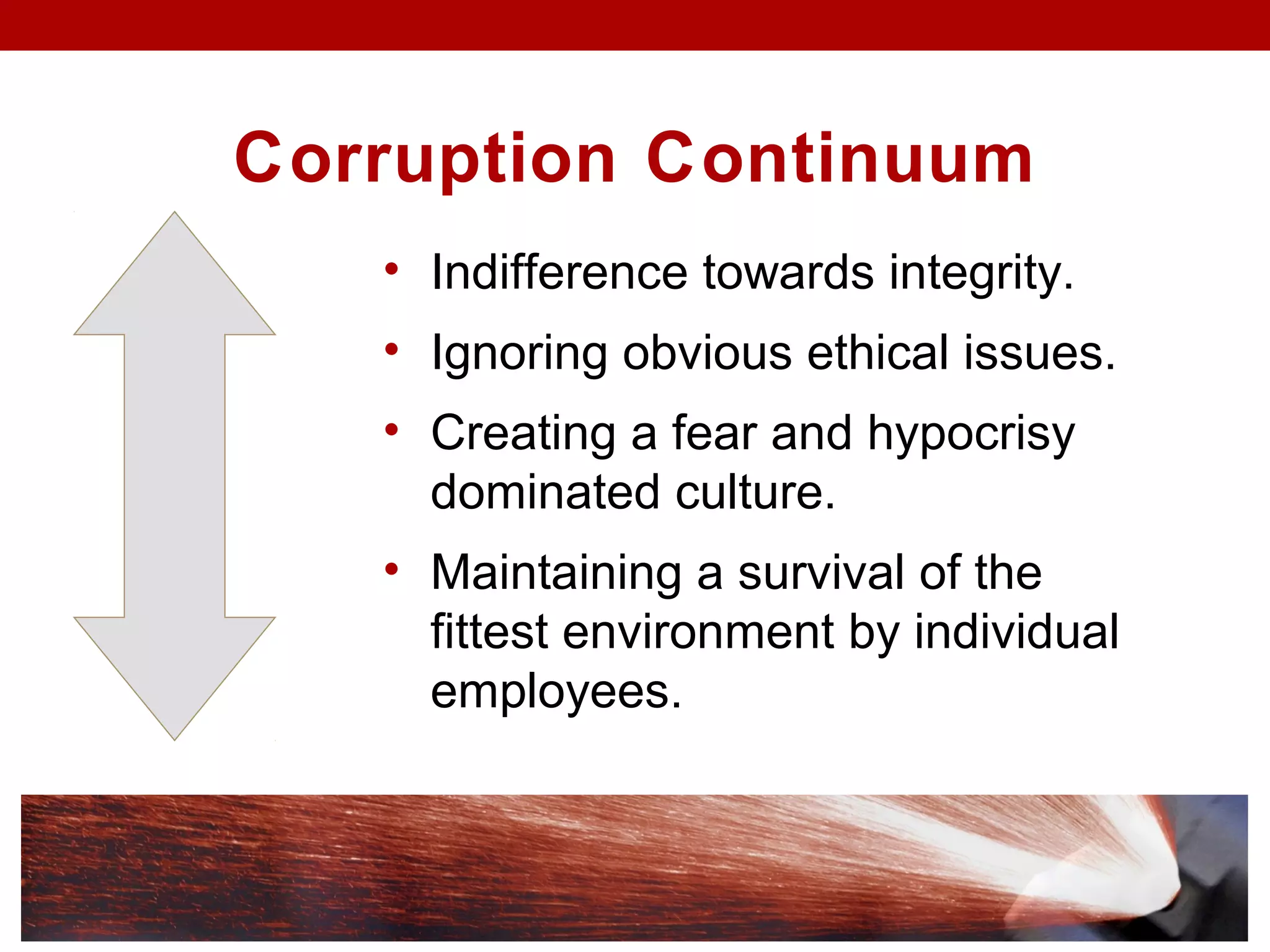 Corruption Continuum
• Indifference towards integrity.
• Ignoring obvious ethical issues.
• Creating a fear and hypocrisy
dominated culture.
• Maintaining a survival of the
fittest environment by individual
employees.
 