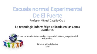 Profesor Miguel Castillo Cruz.
La tecnología informática aplicada en las zonas
escolares.
Estructura y dinámica de la comunidad virtual, su potencial
educativo.
Carlos A. Miranda Gaxiola
2 “A”
 
