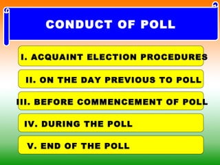 I. ACQUAINT ELECTION PROCEDURES
II. ON THE DAY PREVIOUS TO POLL
III. BEFORE COMMENCEMENT OF POLL
IV. DURING THE POLL
V. END OF THE POLL
CONDUCT OF POLL
 
