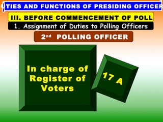 2nd
POLLING OFFICER
1. Assignment of Duties to Polling Officers
III. BEFORE COMMENCEMENT OF POLL
DUTIES AND FUNCTIONS OF PRESIDING OFFICER
In charge of
Register of
Voters
17 A
 