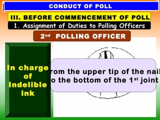 2nd
POLLING OFFICER
From the upper tip of the nail
to the bottom of the 1st
joint
1. Assignment of Duties to Polling Officers
III. BEFORE COMMENCEMENT OF POLL
In charge
of
Indelible
ink
CONDUCT OF POLL
 
