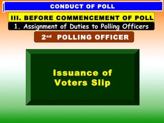 2nd
POLLING OFFICER
1. Assignment of Duties to Polling Officers
III. BEFORE COMMENCEMENT OF POLL
Issuance of
Voters Slip
CONDUCT OF POLL
 