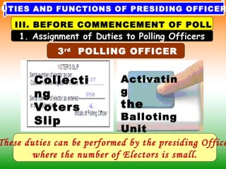 These duties can be performed by the presiding Office
where the number of Electors is small.
3rd
POLLING OFFICER
1. Assignment of Duties to Polling Officers
III. BEFORE COMMENCEMENT OF POLL
DUTIES AND FUNCTIONS OF PRESIDING OFFICER
Activatin
g
the
Balloting
Unit
137
958
Collecti
ng
Voters
Slip
 