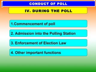 1.Commencement of poll
4. Other important functions
2. Admission into the Polling Station
3. Enforcement of Election Law
IV. DURING THE POLL
CONDUCT OF POLL
 