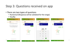 Step 3: Questions received on app
• There are two types of questions
• Numerical (Response will be validated for the range)
• Yes/No
4/10/2019 6
 