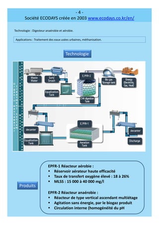 - 4 -
Société ECODAYS créée en 2003 www.ecodays.co.kr/en/
Technologie : Digesteur anaérobie et aérobie.
Applications : Traitement des eaux usées urbaines, méthanisation.
Produits
Technologie
EPFR-1 Réacteur aérobie :
Réservoir aérateur haute efficacité
Taux de transfert oxygène élevé : 18 à 26%
MLSS : 15 000 à 40 000 mg/l
EPFR-2 Réacteur anaérobie :
Réacteur de type vertical ascendant multiétage
Agitation sans énergie, par le biogaz produit
Circulation interne (homogénéité du pH
Produits
 