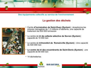 La gestion des déchets Centre  d’incinération de Saint-Ouen (Syctom) :  réceptionne les ordures ménagères de 1,3 millions d’habitants, une capacité de traitement de 630 000 tonnes/an Le centre de  tri de collecte sélective de Sevran (Syctom)  : capacité de 10 000 t/an Le centre de  tri/transfert de  Romainville (Syctom) :  Une capacité de 500 000 t/an Le centre de tri des encombrants de Saint-Denis (Syctom)  : une capacité de 60 000 t/an 14 déchetteries Des équipements collectifs au service de l’environnement 