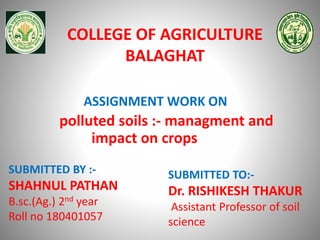 COLLEGE OF AGRICULTURE
BALAGHAT
SUBMITTED BY :-
SHAHNUL PATHAN
B.sc.(Ag.) 2nd year
Roll no 180401057
SUBMITTED TO:-
Dr. RISHIKESH THAKUR
Assistant Professor of soil
science
ASSIGNMENT WORK ON
polluted soils :- managment and
impact on crops
 