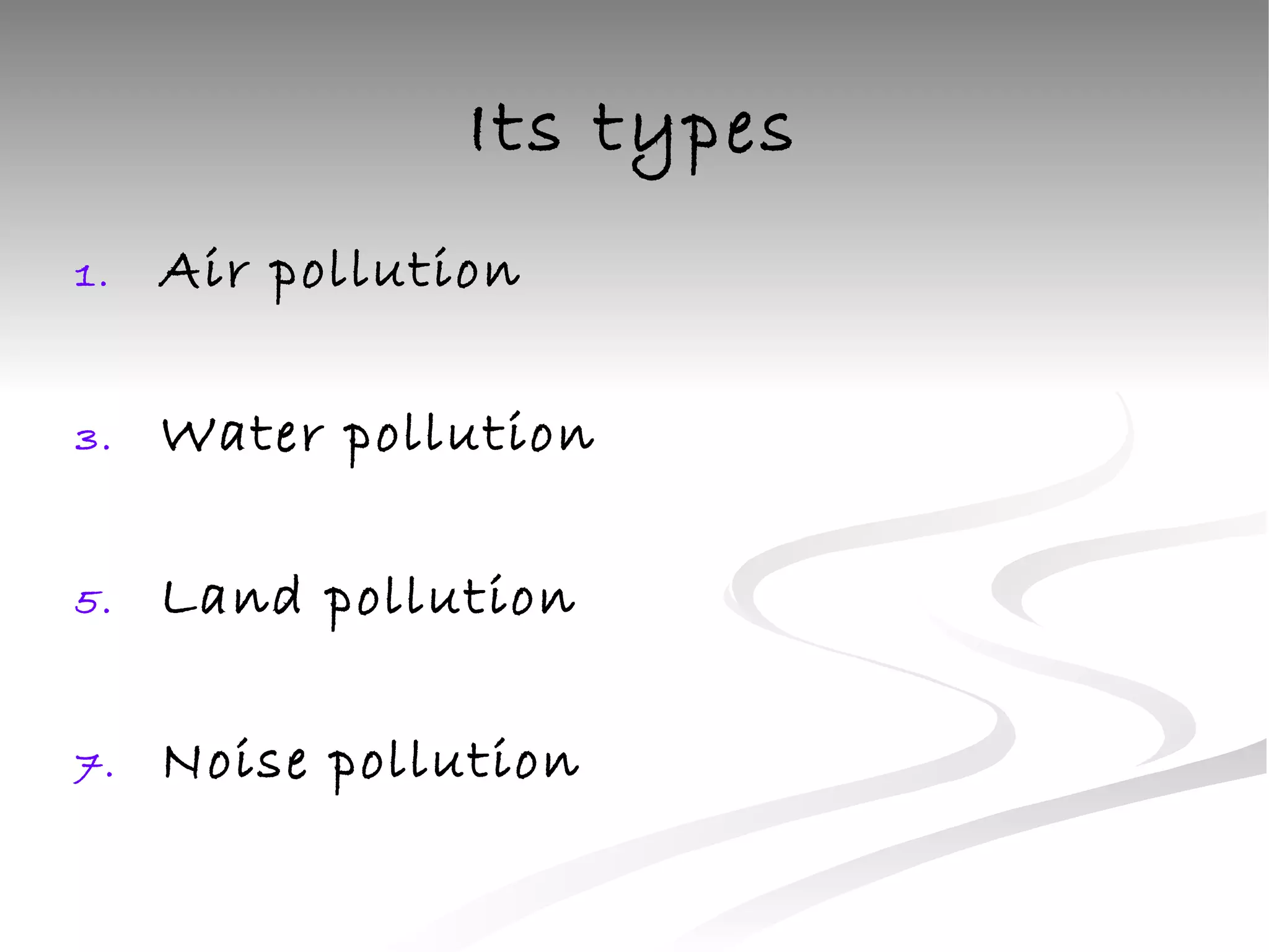 Its types Air pollution Water pollution Land pollution Noise pollution 