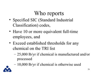 Who reports
• Specified SIC (Standard Industrial
  Classification) codes,
• Have 10 or more equivalent full-time
  employe...