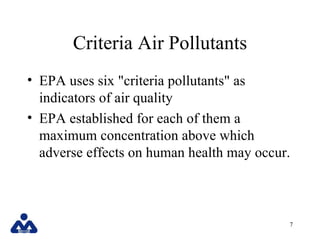 Criteria Air Pollutants
• EPA uses six "criteria pollutants" as
  indicators of air quality
• EPA established for each of ...