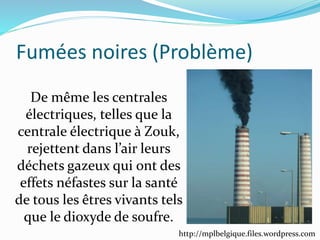 Fumées noires (Problème)
http://mplbelgique.files.wordpress.com
De même les centrales
électriques, telles que la
centrale électrique à Zouk,
rejettent dans l’air leurs
déchets gazeux qui ont des
effets néfastes sur la santé
de tous les êtres vivants tels
que le dioxyde de soufre.
 
