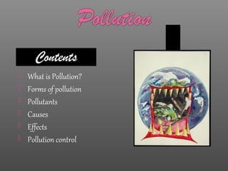  What is Pollution?
 Forms of pollution
 Pollutants
 Causes
 Effects
 Pollution control
 