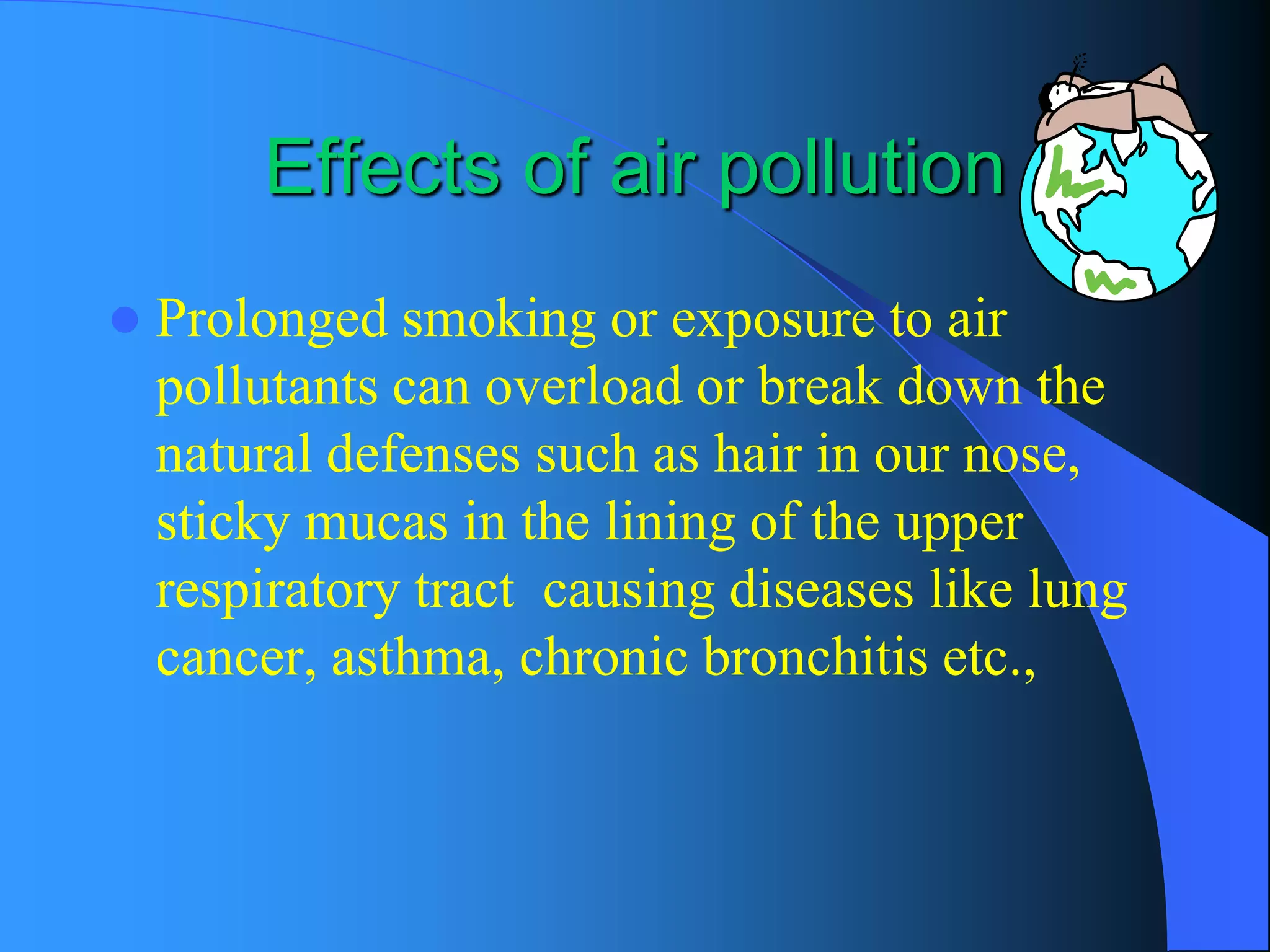 Effects of air pollution 
Prolonged smoking or exposure to air pollutants can overload or break down the natural defenses such as hair in our nose, sticky mucas in the lining of the upper respiratory tract causing diseases like lung cancer, asthma, chronic bronchitis etc.,  