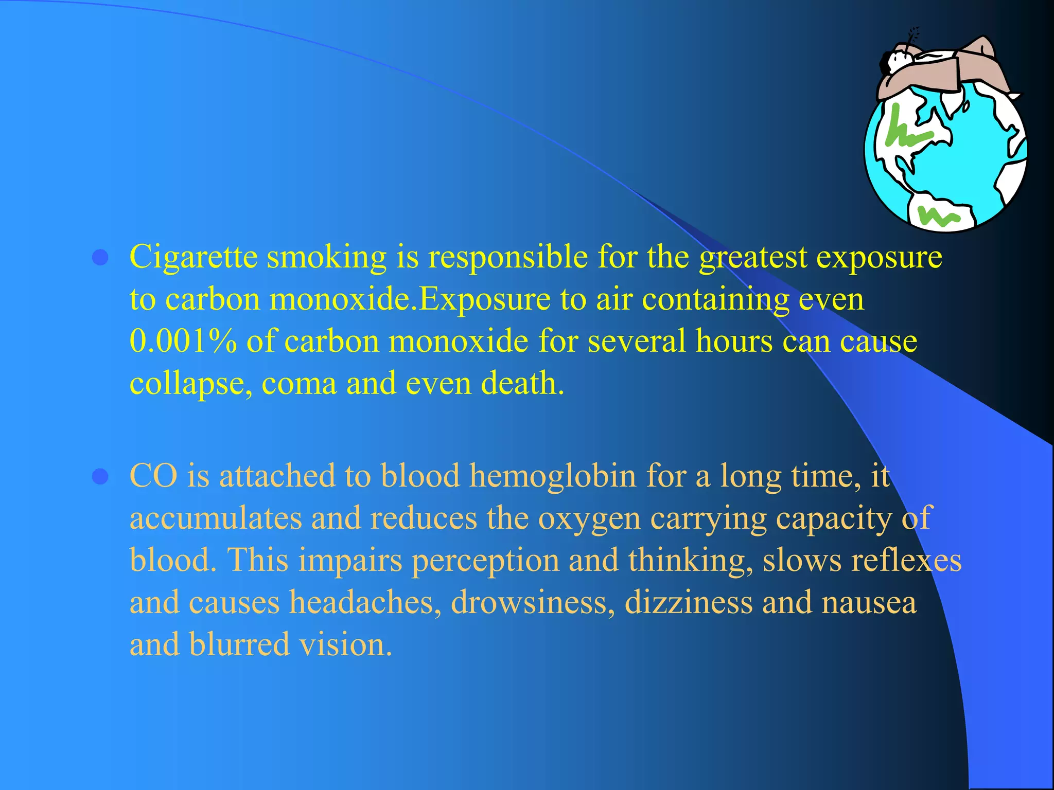 Cigarette smoking is responsible for the greatest exposure to carbon monoxide.Exposure to air containing even 0.001% of carbon monoxide for several hours can cause collapse, coma and even death. 
CO is attached to blood hemoglobin for a long time, it accumulates and reduces the oxygen carrying capacity of blood. This impairs perception and thinking, slows reflexes and causes headaches, drowsiness, dizziness and nausea and blurred vision.  