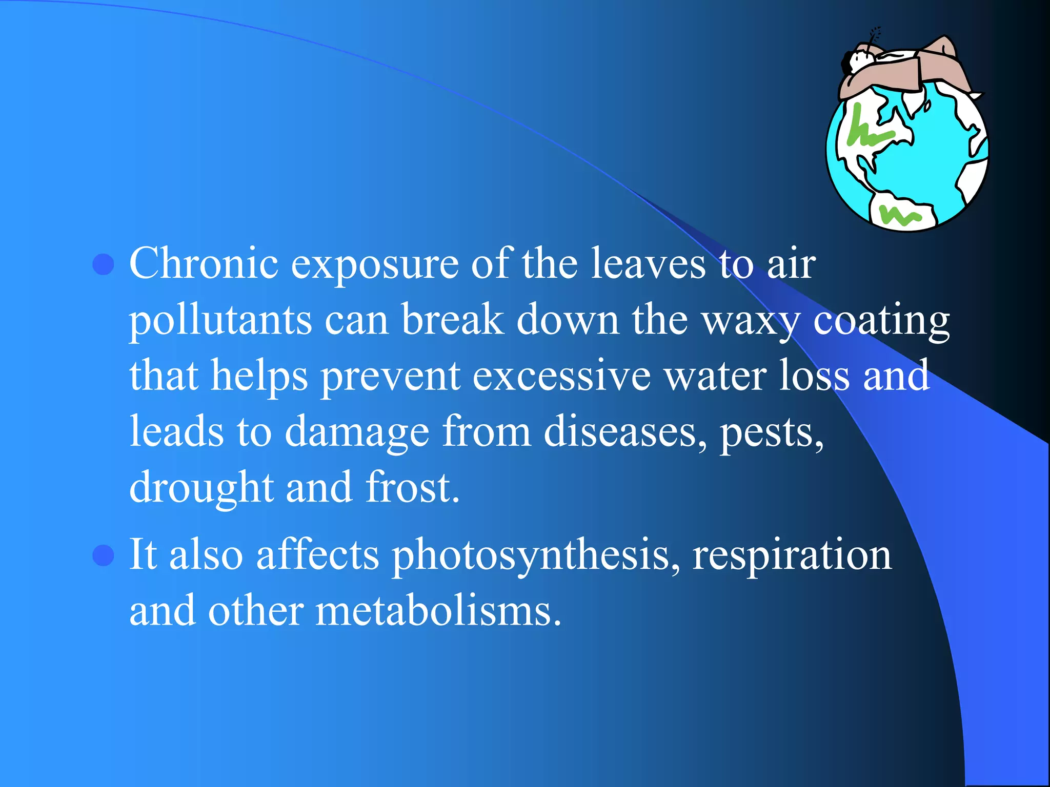Chronic exposure of the leaves to air pollutants can break down the waxy coating that helps prevent excessive water loss and leads to damage from diseases, pests, drought and frost. 
It also affects photosynthesis, respiration and other metabolisms.  