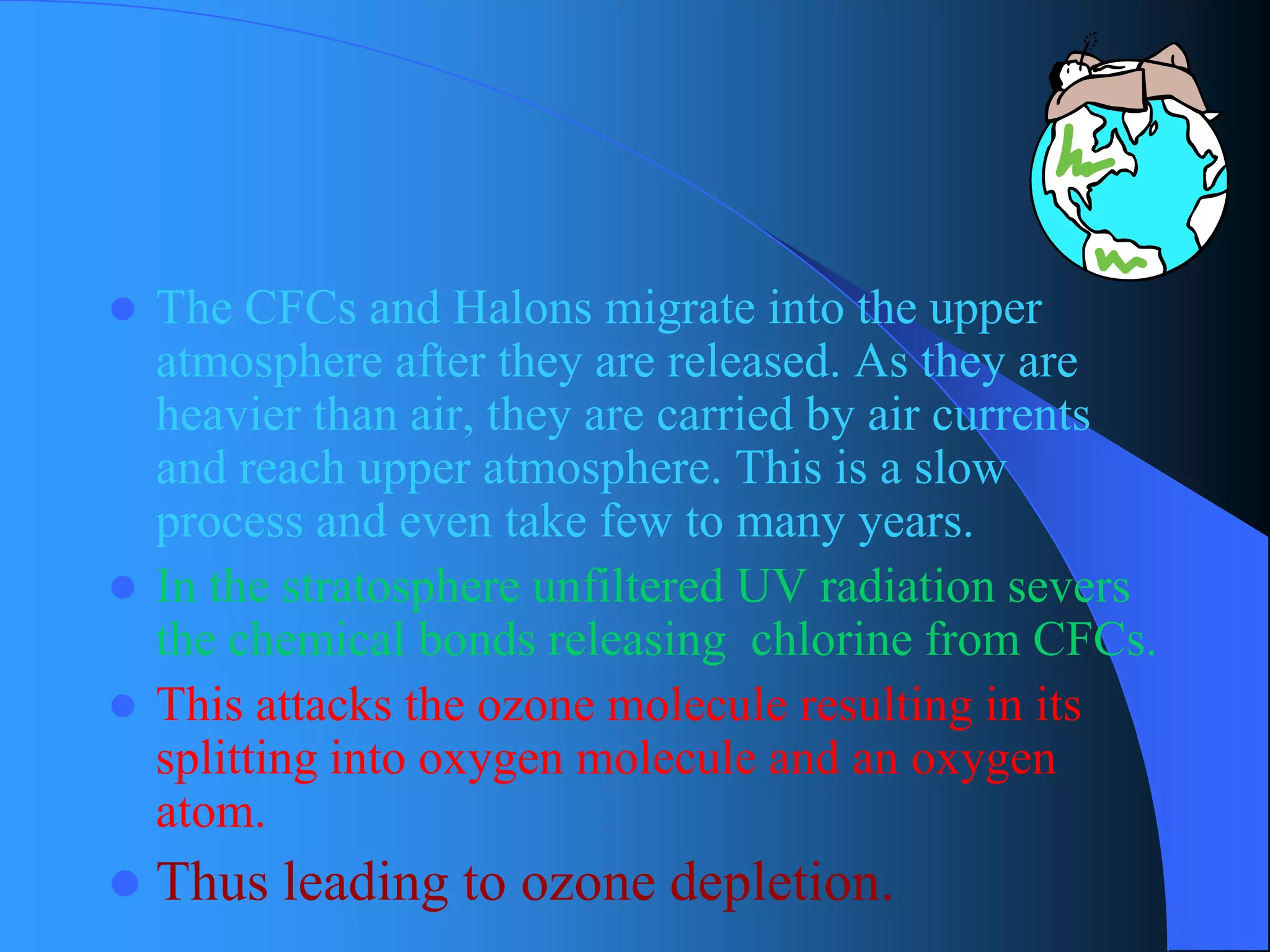 The CFCs and Halons migrate into the upper atmosphere after they are released. As they are heavier than air, they are carried by air currents and reach upper atmosphere. This is a slow process and even take few to many years. 
In the stratosphere unfiltered UV radiation severs the chemical bonds releasing chlorine from CFCs. 
This attacks the ozone molecule resulting in its splitting into oxygen molecule and an oxygen atom. 
Thus leading to ozone depletion.  