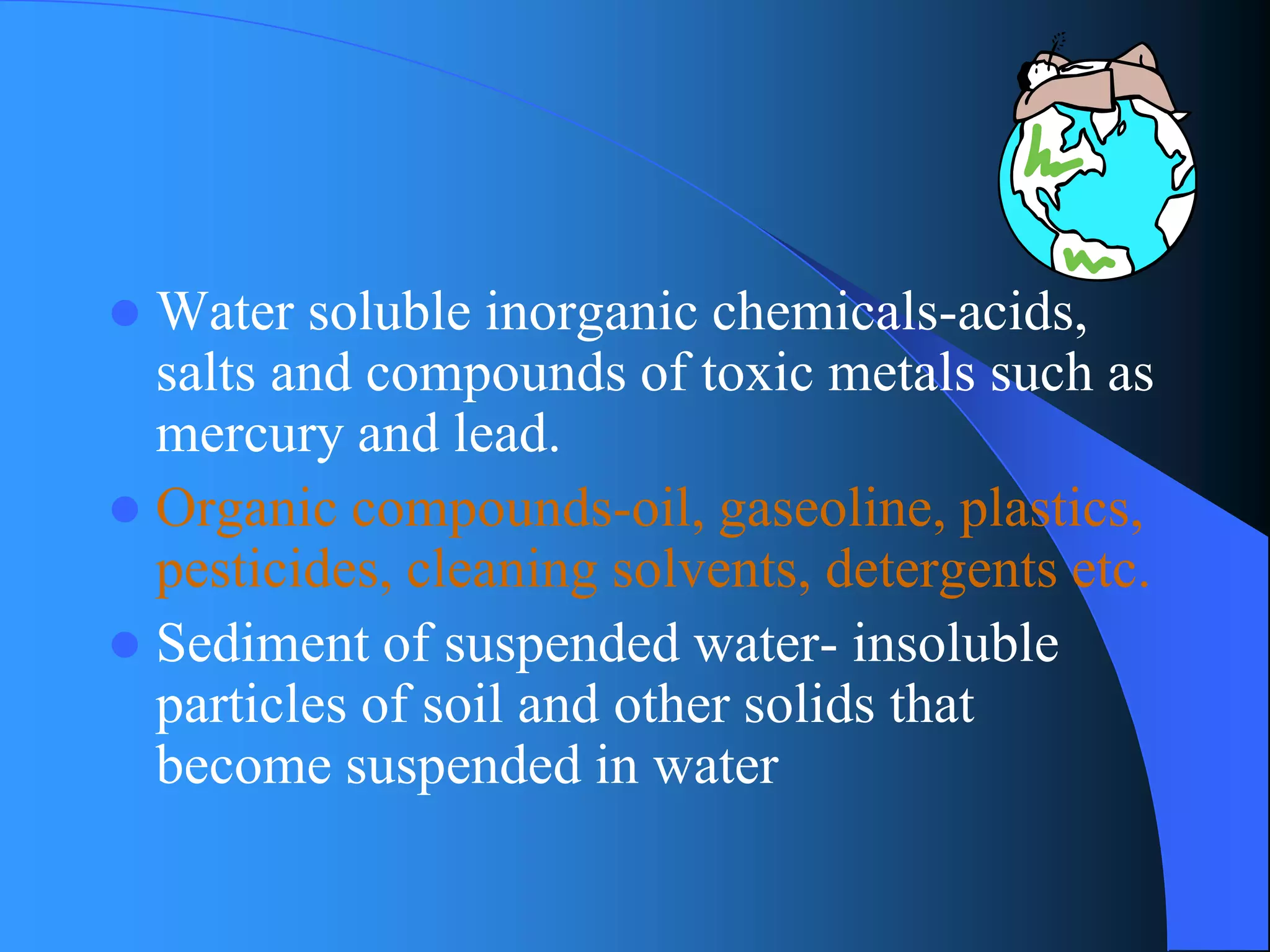 Water soluble inorganic chemicals-acids, salts and compounds of toxic metals such as mercury and lead. 
Organic compounds-oil, gaseoline, plastics, pesticides, cleaning solvents, detergents etc. 
Sediment of suspended water-insoluble particles of soil and other solids that become suspended in water  