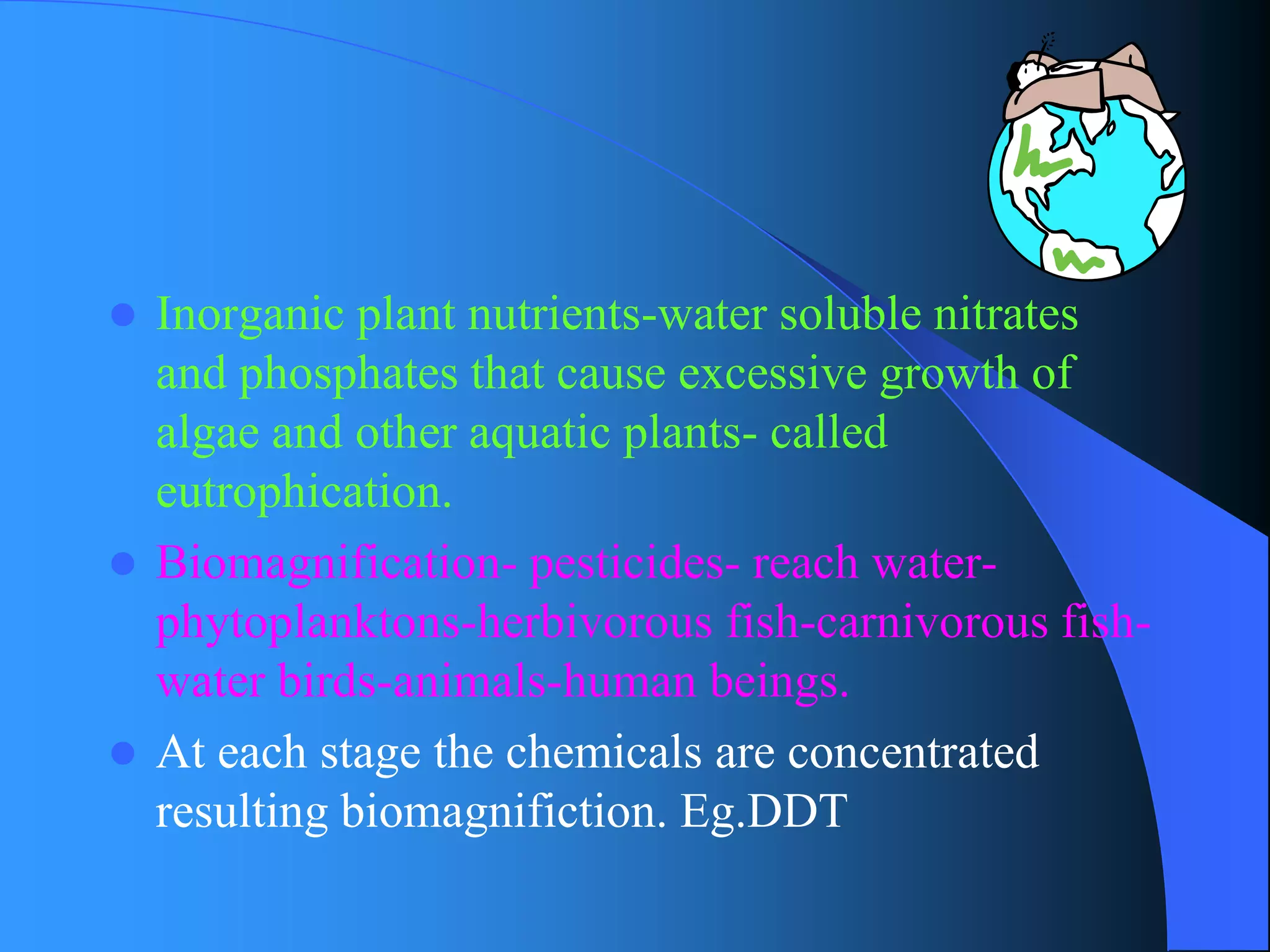 Inorganic plant nutrients-water soluble nitrates and phosphates that cause excessive growth of algae and other aquatic plants-called eutrophication. 
Biomagnification-pesticides-reach water- phytoplanktons-herbivorous fish-carnivorous fish- water birds-animals-human beings. 
At each stage the chemicals are concentrated resulting biomagnifiction. Eg.DDT  