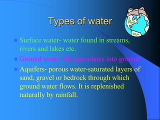 Types of water 
Surface water-water found in streams, rivers and lakes etc. 
Ground water-that percolates into ground 
Aquifers-porous water-saturated layers of sand, gravel or bedrock through which ground water flows. It is replenished naturally by rainfall.  