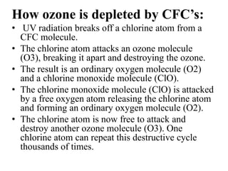 How ozone is depleted by CFC’s:
• UV radiation breaks off a chlorine atom from a
CFC molecule.
• The chlorine atom attacks an ozone molecule
(O3), breaking it apart and destroying the ozone.
• The result is an ordinary oxygen molecule (O2)
and a chlorine monoxide molecule (ClO).
• The chlorine monoxide molecule (ClO) is attacked
by a free oxygen atom releasing the chlorine atom
and forming an ordinary oxygen molecule (O2).
• The chlorine atom is now free to attack and
destroy another ozone molecule (O3). One
chlorine atom can repeat this destructive cycle
thousands of times.
 