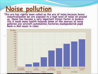 Noise pollution
This era has rightly been called as the era of noise.because heavy
industrialization we are exposed to a high level of noise all around
us. Noise has become a very important stress factor in modern
life.it leads many health hazards.Some of the sources of noise
pollution are aircraft,automobiles,factories,loudspeakers& pop&
Rock-n-Roll music in clubs
. Noise produces following health problems-
1)Auditory fatigue
2)Deafness or impaired vision
3)Rise in blood pressure, pulse
rate
4)Headache
5)Nausea
6)Disturbed sleep
7)Emotional disturbances
 