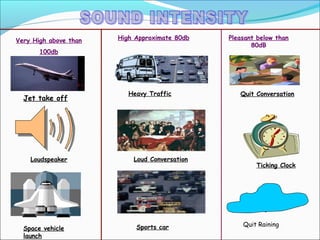 Space vehicle
launch
Loudspeaker
Jet take off
Very High above than
100db
Loud Conversation
Heavy Traffic
High Approximate 80db
Quit Conversation
Ticking Clock
Pleasant below than
80dB
Quit RainingSports car
 
